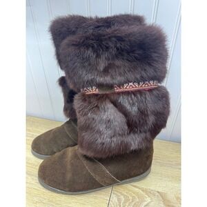 Minnetonka Women 9 Brown Suede Rabbit Fur Mukluk Winter Boots Woven Yeti